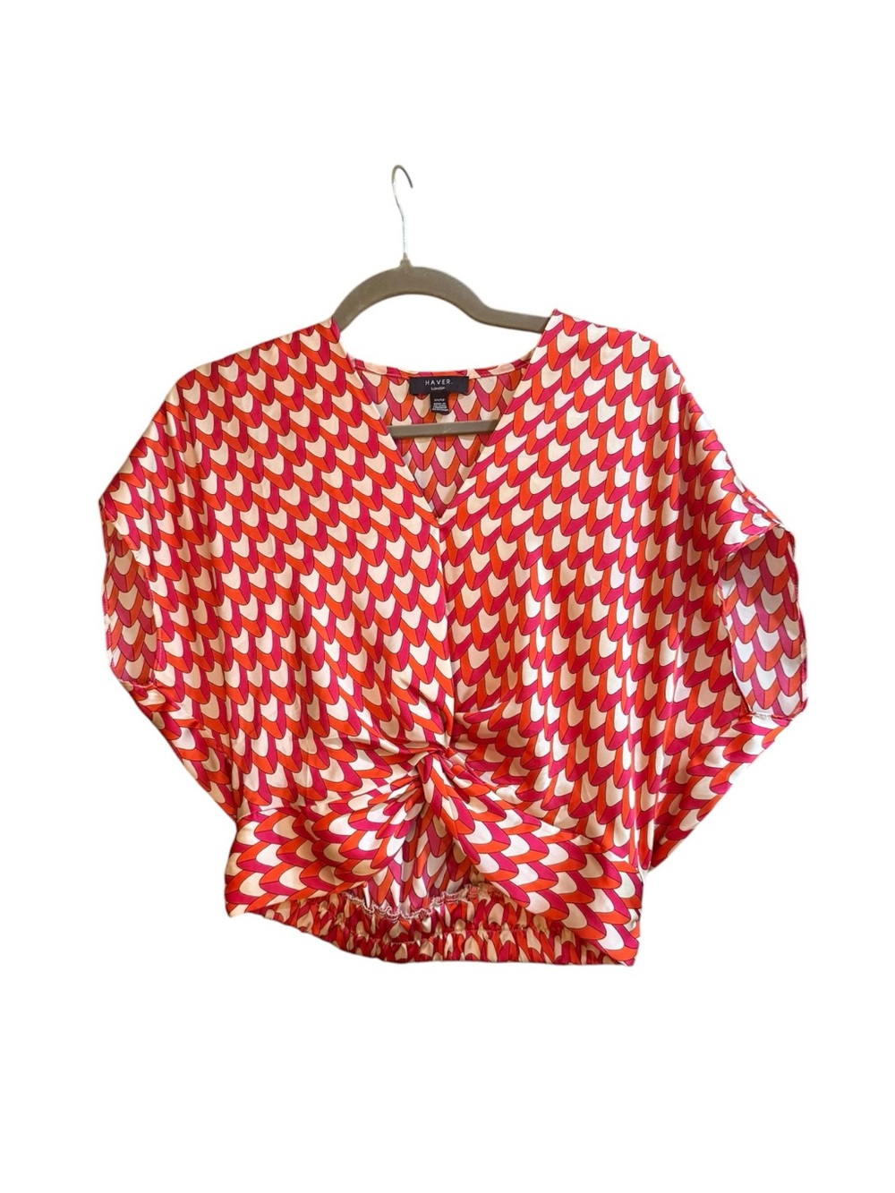 🌞HAVER London Twist Front Geometric Print Blouse XS Pink Orange Dolman Sleeve